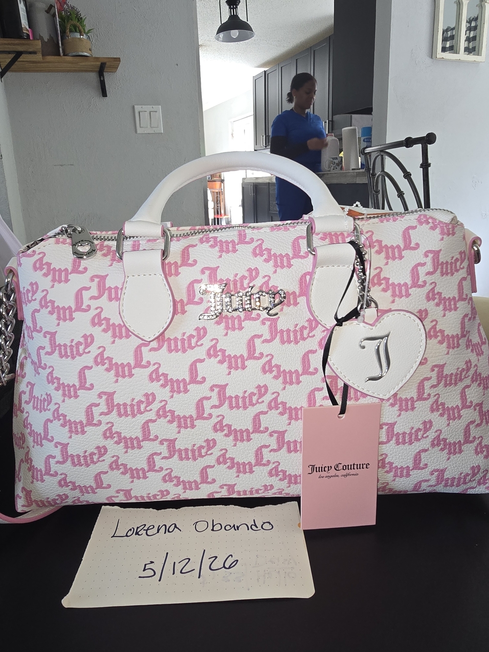 Juicy Couture Pep In Her Step Pink & White Logo Satchel with Heart Charm